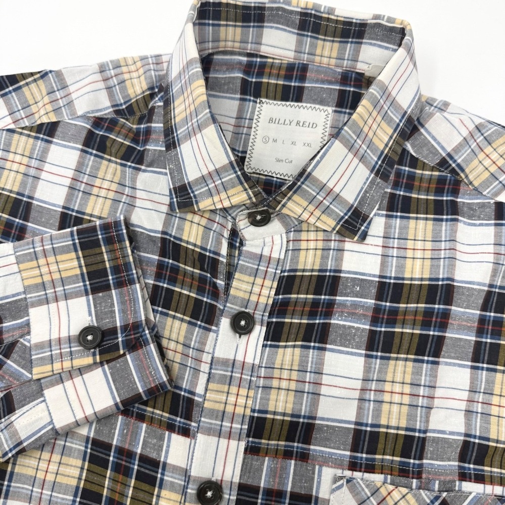 Billy Reid Slim Cut Plaid Button Down Shirt Mens‎ Small Navy Yellow White